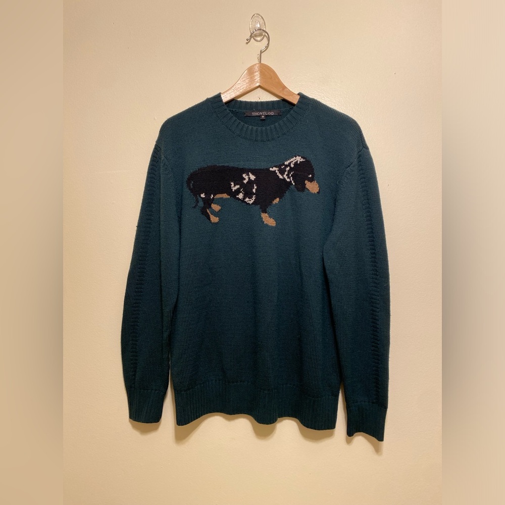 Timo Weiland Dark Teal Crewneck Sweater with Dog. Merino Wool . Size M